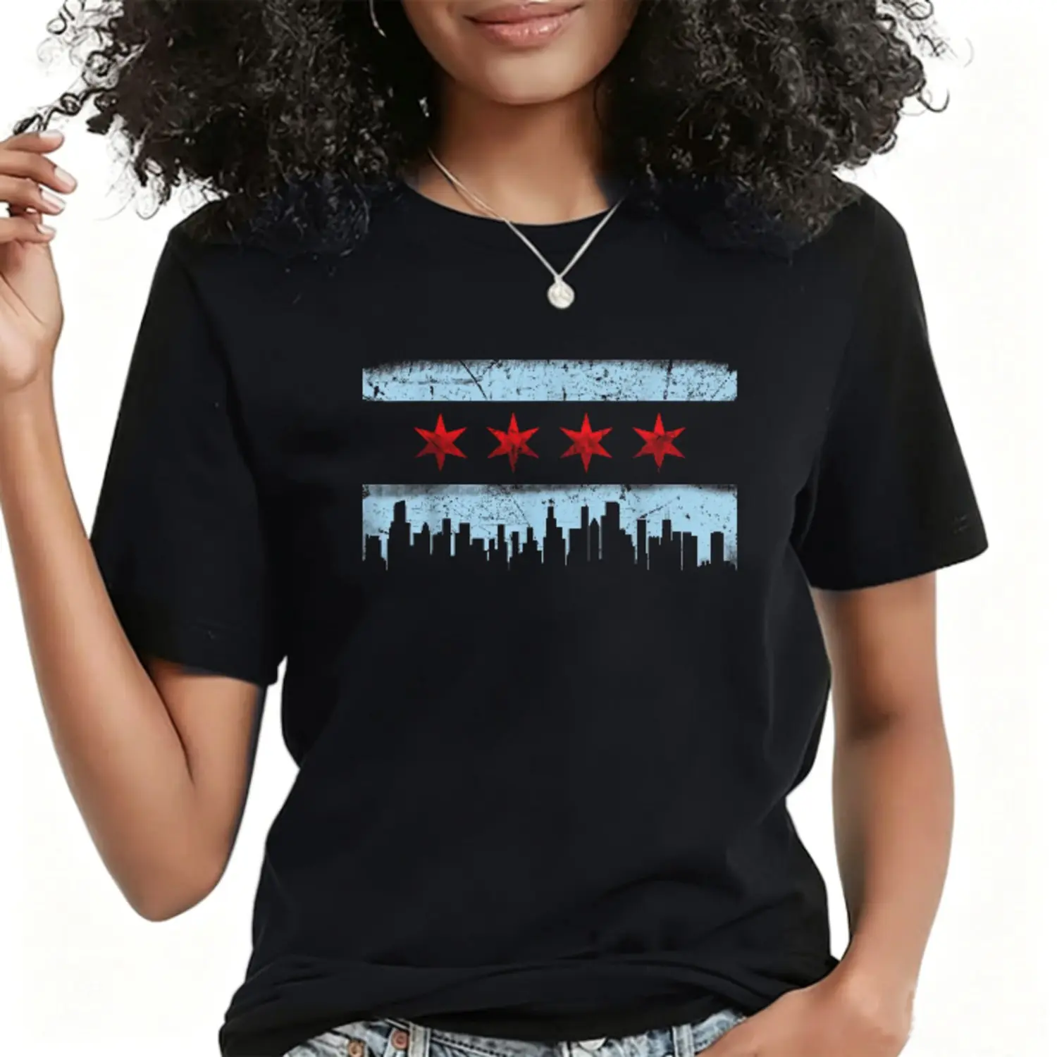 100% Cotton Top Chicago Flag Skyline T-Shirt