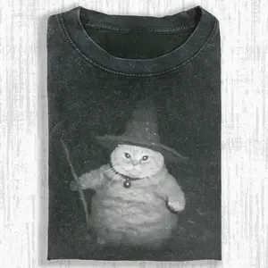 Comfort Color T-Shirt Witch Cat Meme Shirt, Funny Chubby Cat Wizard Tee, Spooky Cute Halloween Vibes T-shirt, Gift for Men for Women