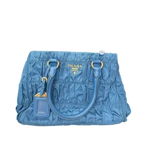Pre-owned PRADA . Tote Bags Gaufre Ruched Nylon Tote Bag Sky Blue Leather Top Handle Gold Logo Hardware Vintage Designer Handbag For Women