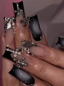 Y2K Gothic Press-On Nails – 24PCS Medium Square Black French Bling 3D Cross Nails