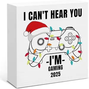 Gaming Christmas Decor, Gamer Gifts, I Can't Hear You I'm Gaming Wood Box Sign, Christmas Home Office Decorations for Desk Table Shelf 5 X 5 Inches