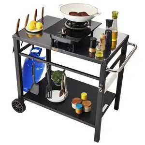 VEVOR Outdoor Grill Dining Cart with Double-Shelf,  BBQ Movable Food Prep Table, Multifunctional Iron Table Top, Portable Modular Carts for Pizza Oven, Worktable with 2 Wheels, Carry Handle, Black