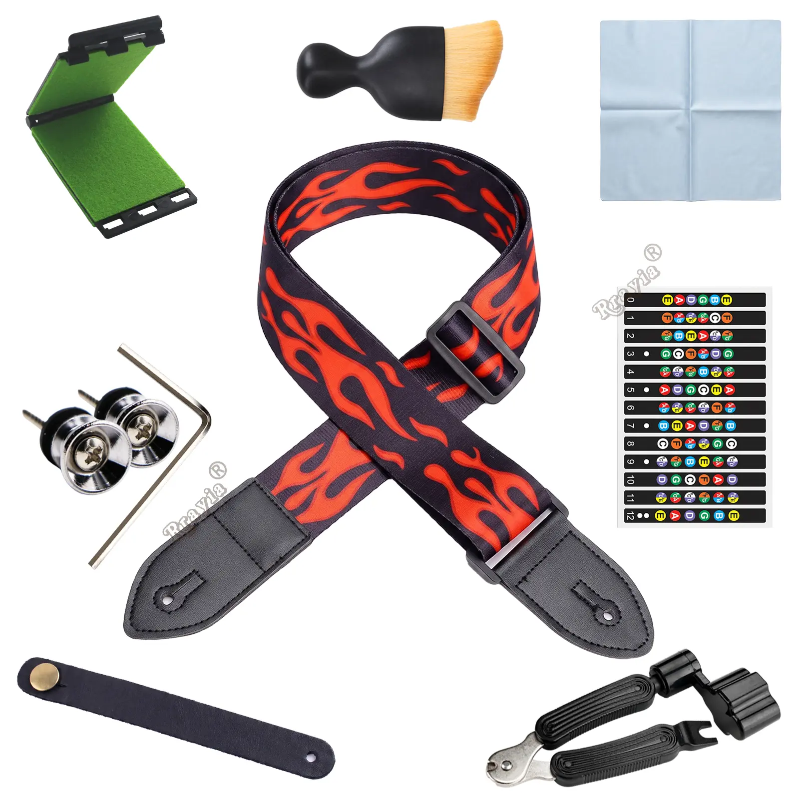 Guitar Accessories Pack - Adjustable Strap with Strap Locks, 3-in-1 String Winder, Cleaning Brush, Polishing Cloth, Fretboard Stickers, Ideal for Acoustic Beginners