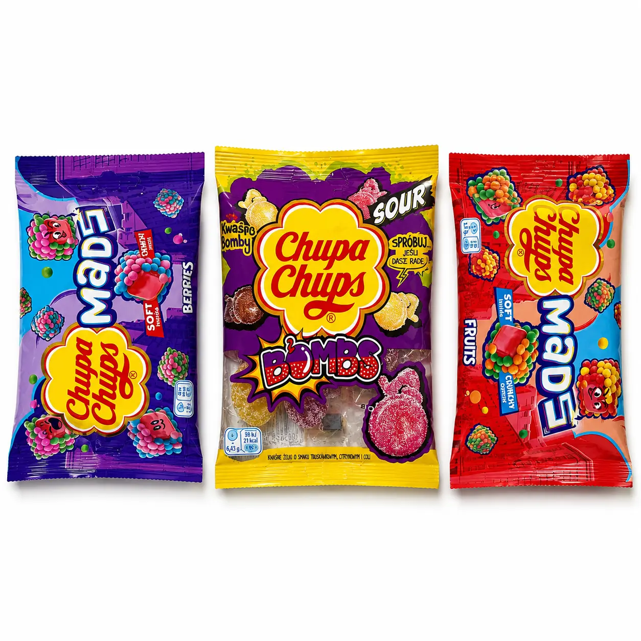Chupa Chups Sour Bombs, Mads Fruits & Mads Berries - (Pack of 3) - Imported From Poland - Perfect for Parties