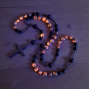 Natural Obsidian Yooperlite Rosary Necklace, UV Reactive Energy Protection Healing Crystal, Hematite Stone Cross Pendant Religious Jewelry Gift for Women Men