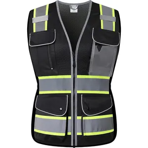 Reflective Safety Vest for Women - Mesh High Visibility Vest with 8 Pockets and Front Zipper, Meets ANSI/ISEA Standards (Black-16, Large)
