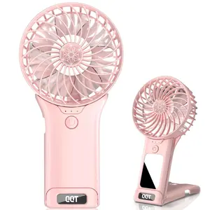 QQT Mini Handheld Fan 4 Speed Adjustable Portable Battery Operated Fans USB Rechargeable Desk Fan with Mirror