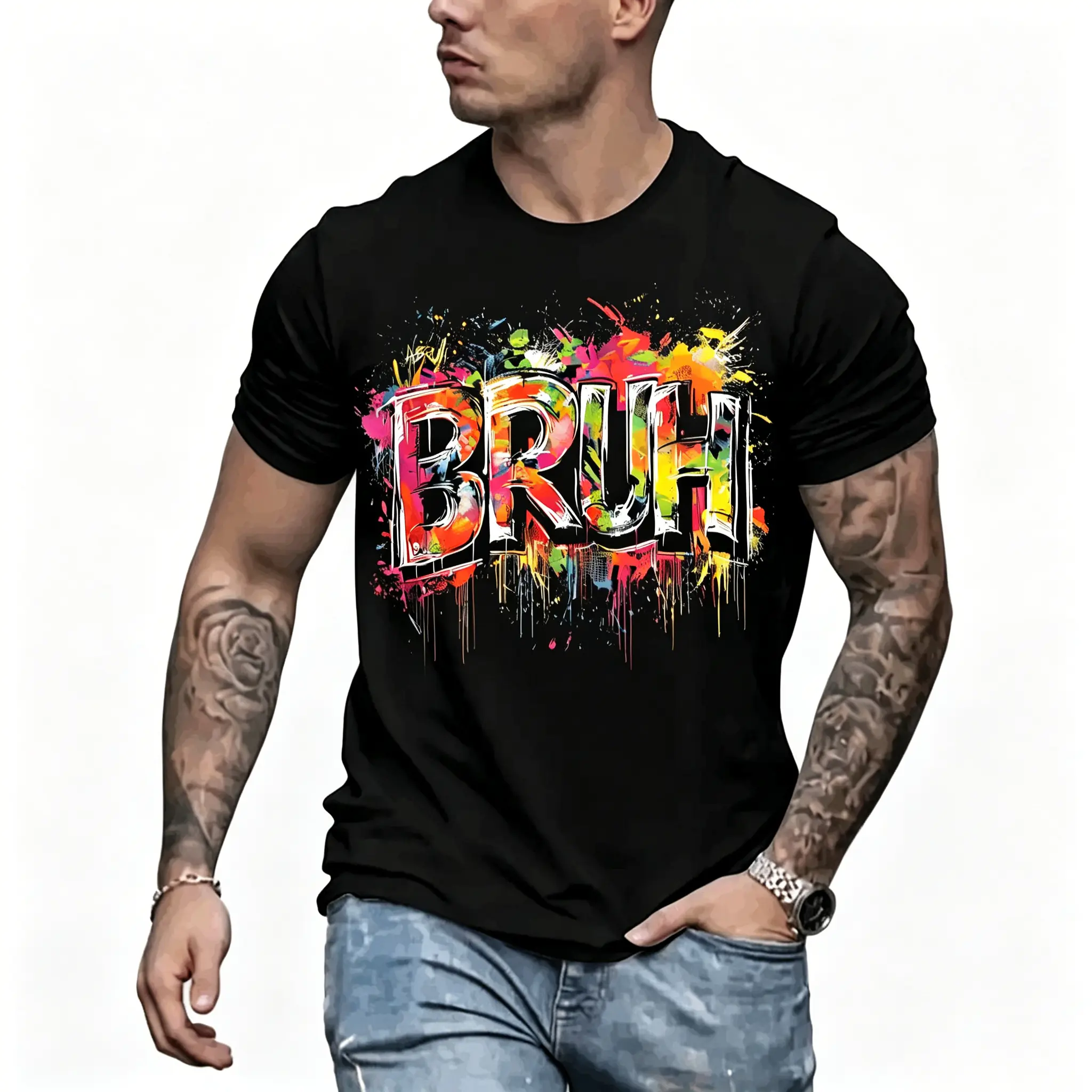 Minimalist BRUH Letter Print T-Shirt for Men, Soft Cotton with a Casual Round Neck, All Seasons Fashion Shortsleeve for Streetwear, Menswear