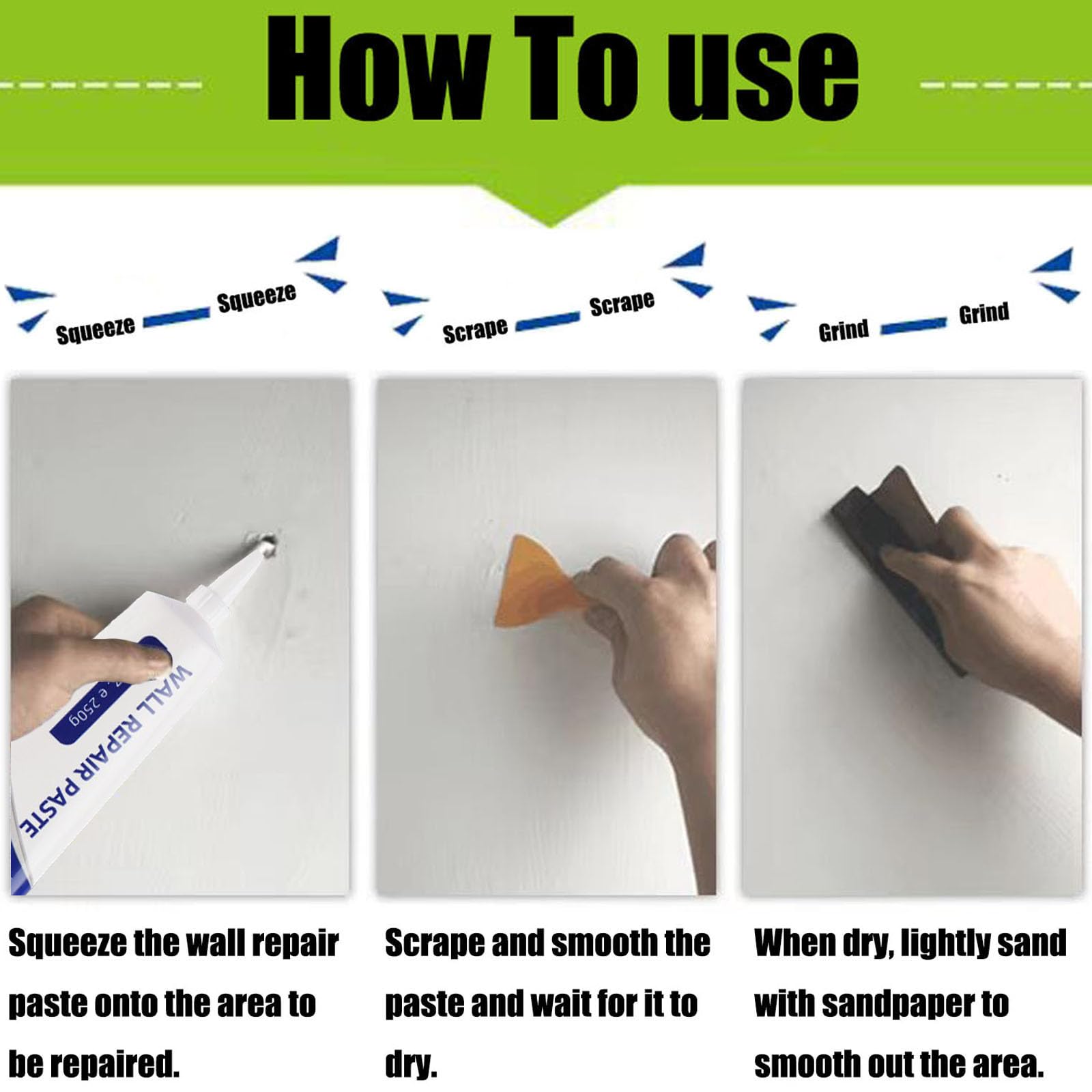 Drywall Repair Kit, 3 Pack Wall Mending Agent, Wall Patch Repair Kit with Scraper, Simple Filling of Wall Holes＆Efficient Crack Repair