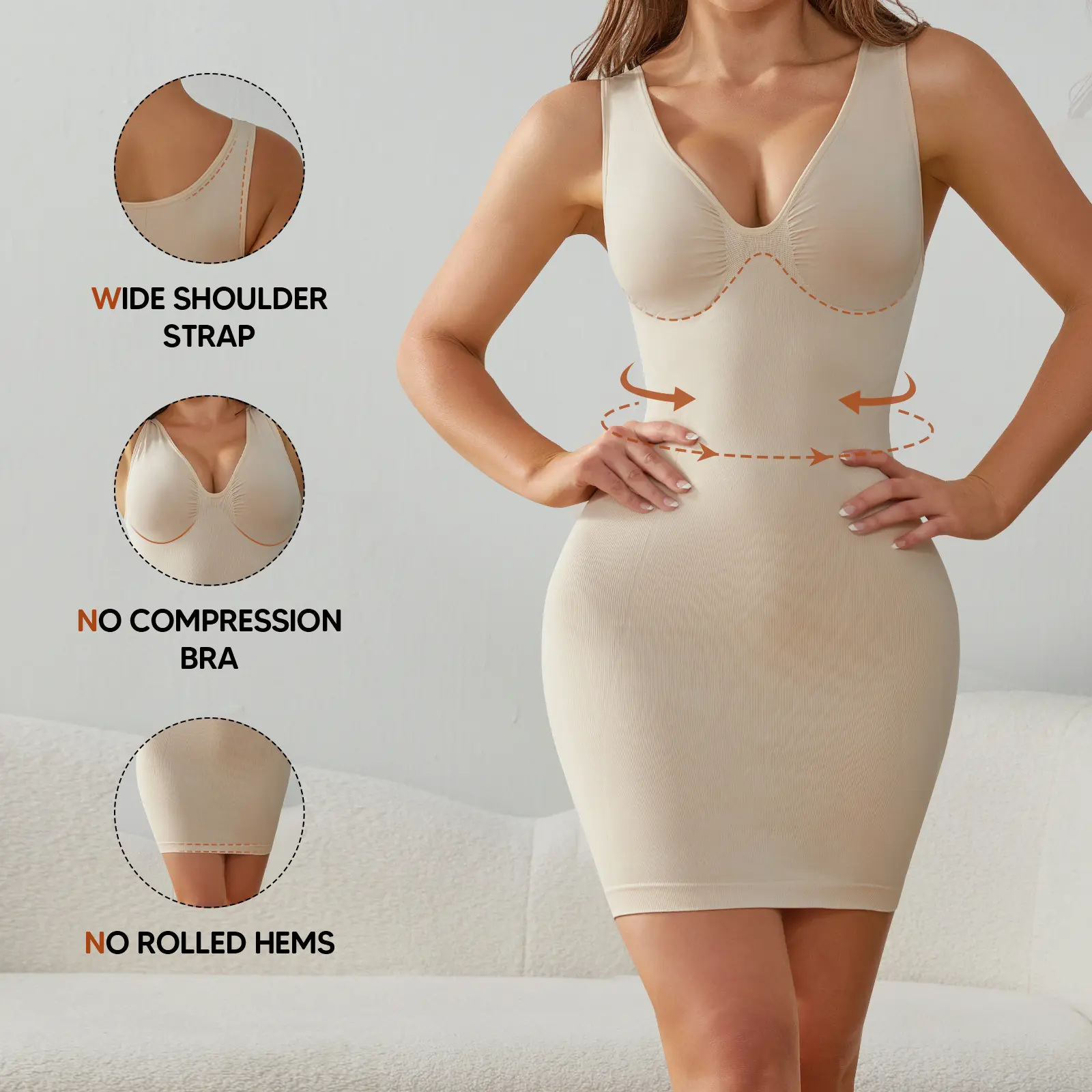 Suprenx Women's Shapewear Slip Dress, Seamless V-Neck with Tummy Control & Anti-Roll Design, Stretch Fabric for Layering Under Tops and Outfits, Clothes, Knitting, Elegant, Basic, Sexy, Wedding, Office, Night Out, Elastane, Everyday, Gowns, Compression, B