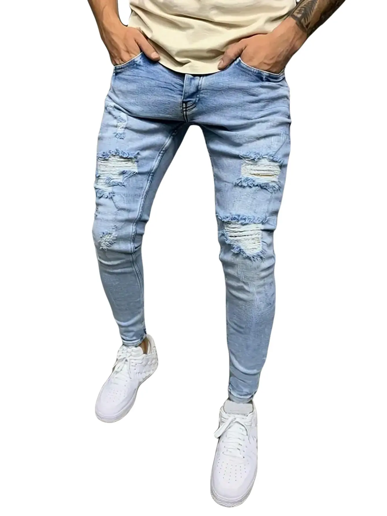 Blue Pants For Men Skinny Jeans Denim Pants Stretch Streetwear Ripped Trouser Plain Comfortable Menswear Y2k Clothing