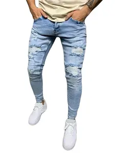 Blue Pants For Men Skinny Jeans Denim Pants Stretch Streetwear Ripped Trouser Plain Comfortable Menswear Y2k Clothing