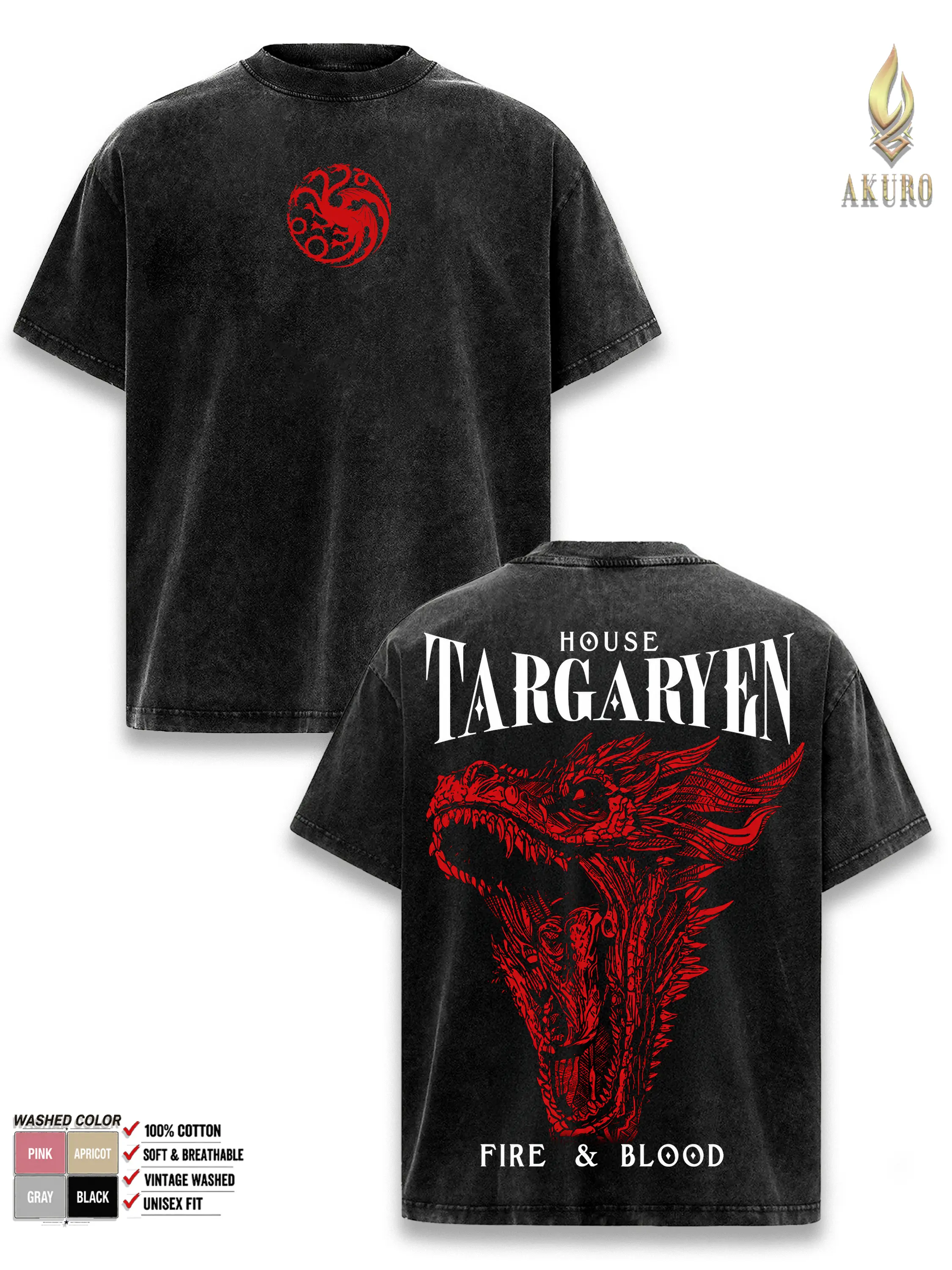 House Targaryen Dragon T Shirt, Fire And Blood Tee, Vintage Washed Oversized Graphic Shirt, Double Sided Fantasy Streetwear