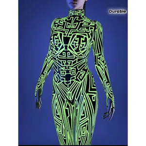 Women'S Neon Costume - Gendery Gothic Club Outfit with Stand-Up Collar, Neon Party Dress for Cosplay, Nightclub, Cosplay - All-Season-in-the-Dark Party Attire, Cosplay Costumes, Nightclub Attire, Formfitting Silhouette, Durable Fabric, Fishnetsuit Clothes