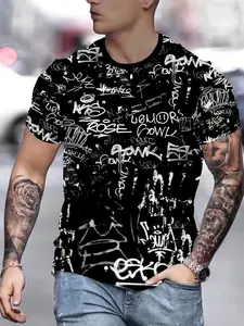 Men's Novel 3D Digital Printed T-Shirt - Casual Streetwear Black, White Graffiti Pattern, Breathable Polyester, Crew Neck, Short Sleeves, Round Neck
