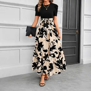 Women Floral Maxi Dress Summer Casual Boho A-Line Long Dress Elegant High Waist Flowy Beach Vacation Dress