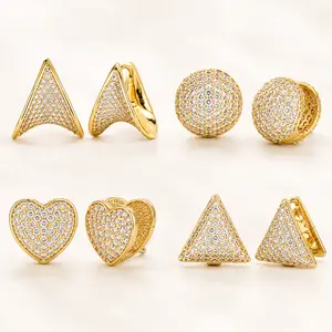MEIITRUE Iced Out Geometric CZ Pavé Stud Earrings 14K Gold Plated Heart Triangle Ball Arrow Shape Options Gift for Her