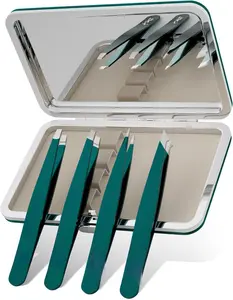 Upgraded  Precision Tweezers for Facial Hair & Chin Hair, Slanted Design for Women & Men Eyebrow Plucker,  with Travel Mirror Case (Green)
