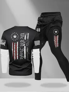 Men's Hot Selling 2-Piece Set, Flag Series Print Mock Two-In-One Round Neck Long Sleeve T-Shirt + Drawstring Waist Sporty Pants