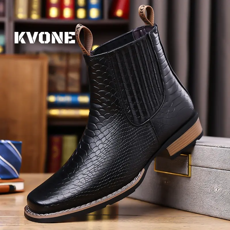 KVONE-Versatile Men's Chelsea Boots，Crocodile pattern embossing square-toe Chelsea work ankle boots,leather western boot,rustic work boot,comfortable security footwear Casual Stylish