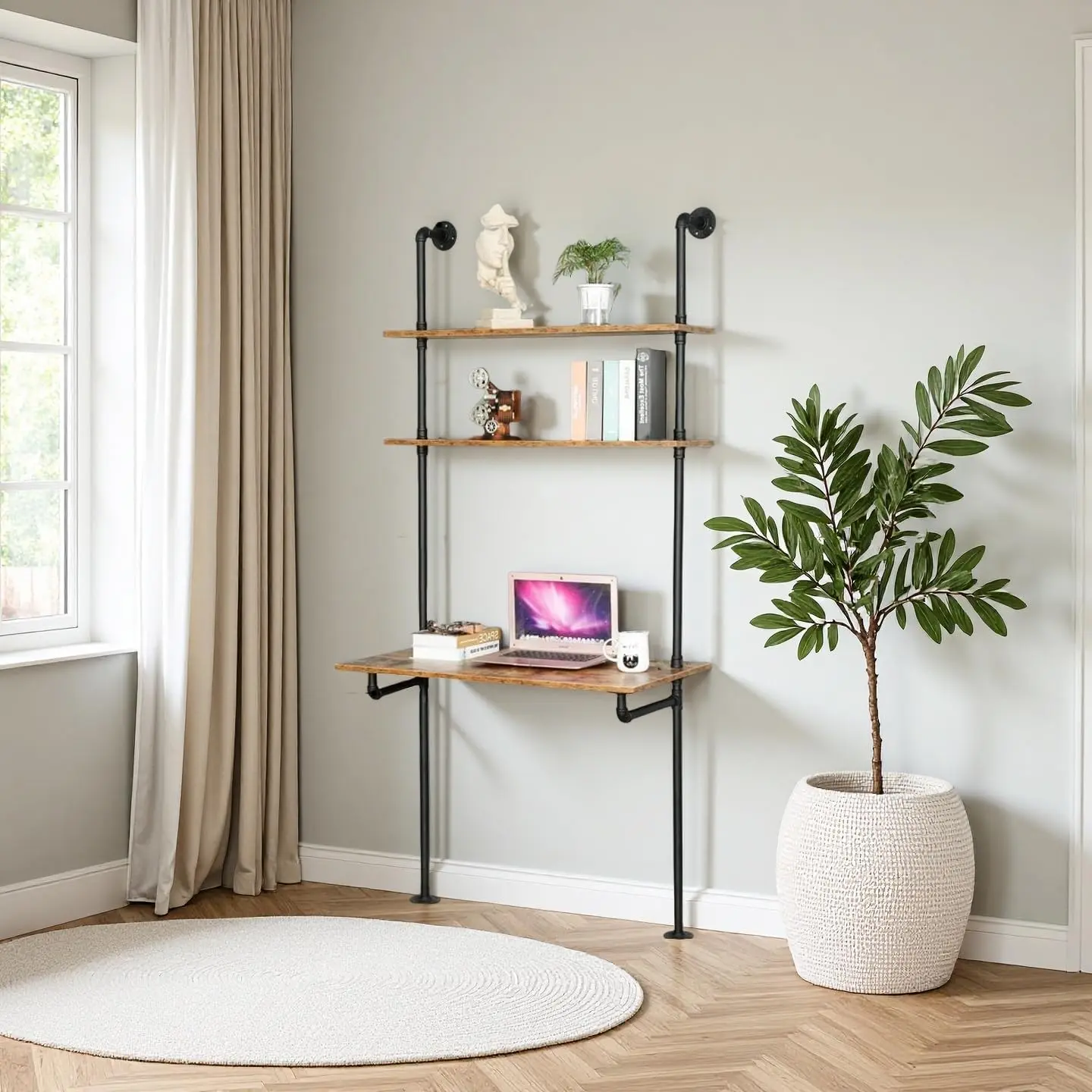 Industrial Wall Mount Desk with Shelves, Ladder Style Computer Laptop Desk, Floating Table with Storage, Industrial Pipe Bookcase for  Office (36x20x81)