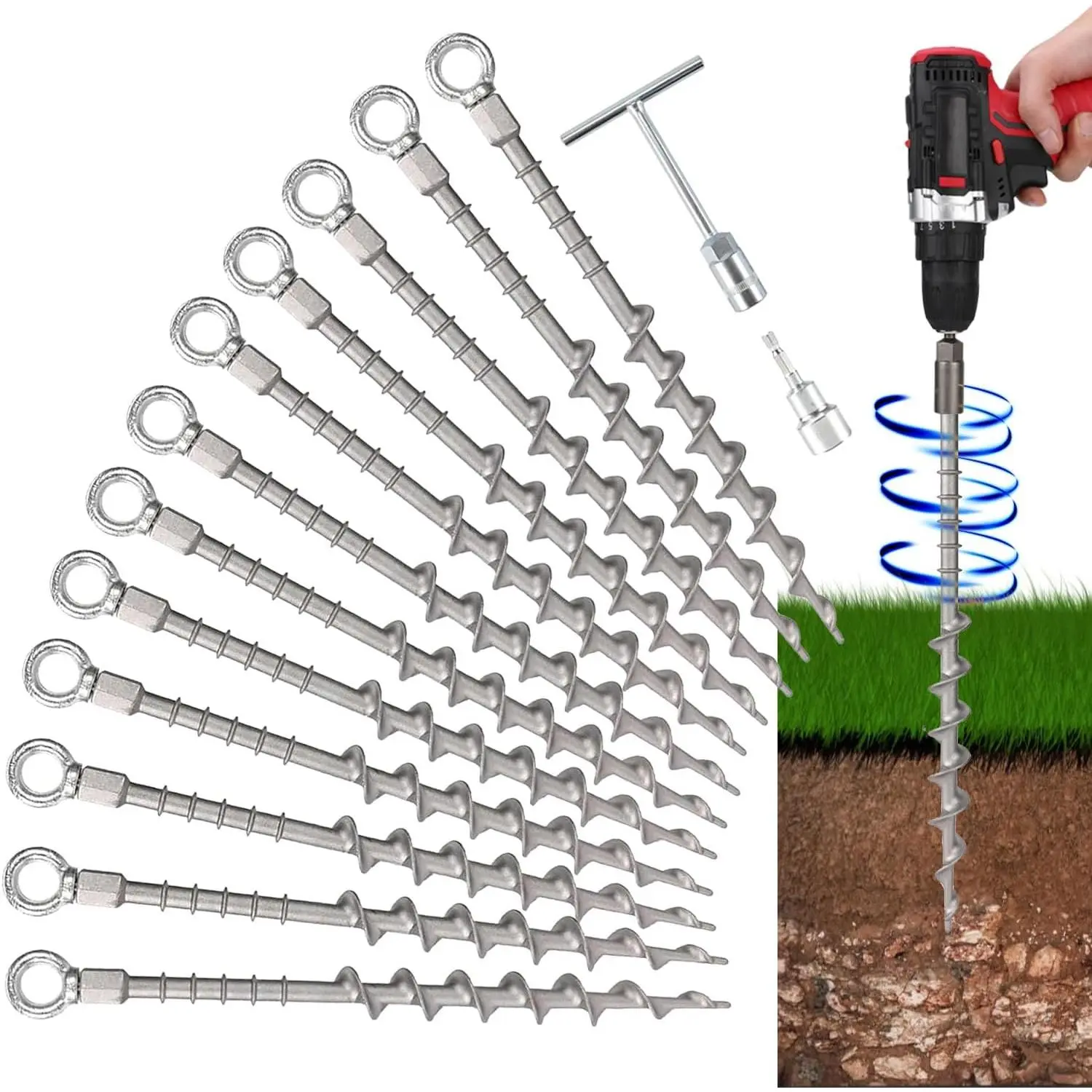 12 Pack 12 Inch Screw-in Tent Stakes, Heavy Duty Aluminum Ground Anchors with Hex Top for Cordless Drill, Detachable Hooks & T-Handle for Trampoline Tarp Canopy RV Awning Camping