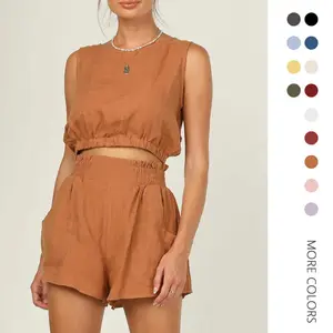 Women's 2-Piece Simple Chic Summer Clothing Set - Sleeveless Cropped Tank Top, High-Waist Pocketed Loose Solid Shorts, Lightweight Breathable Basic Wear for Birthday, Nightwear Use