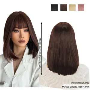 12 Inch Natural black Short Bob Wigs With Bangs Light Yaki Straight Hair Blunt Cut Glueless Wigs Realistic Look Daily Costume Wig For Women Synthetic Hair Heat Resistant Hair Wigs