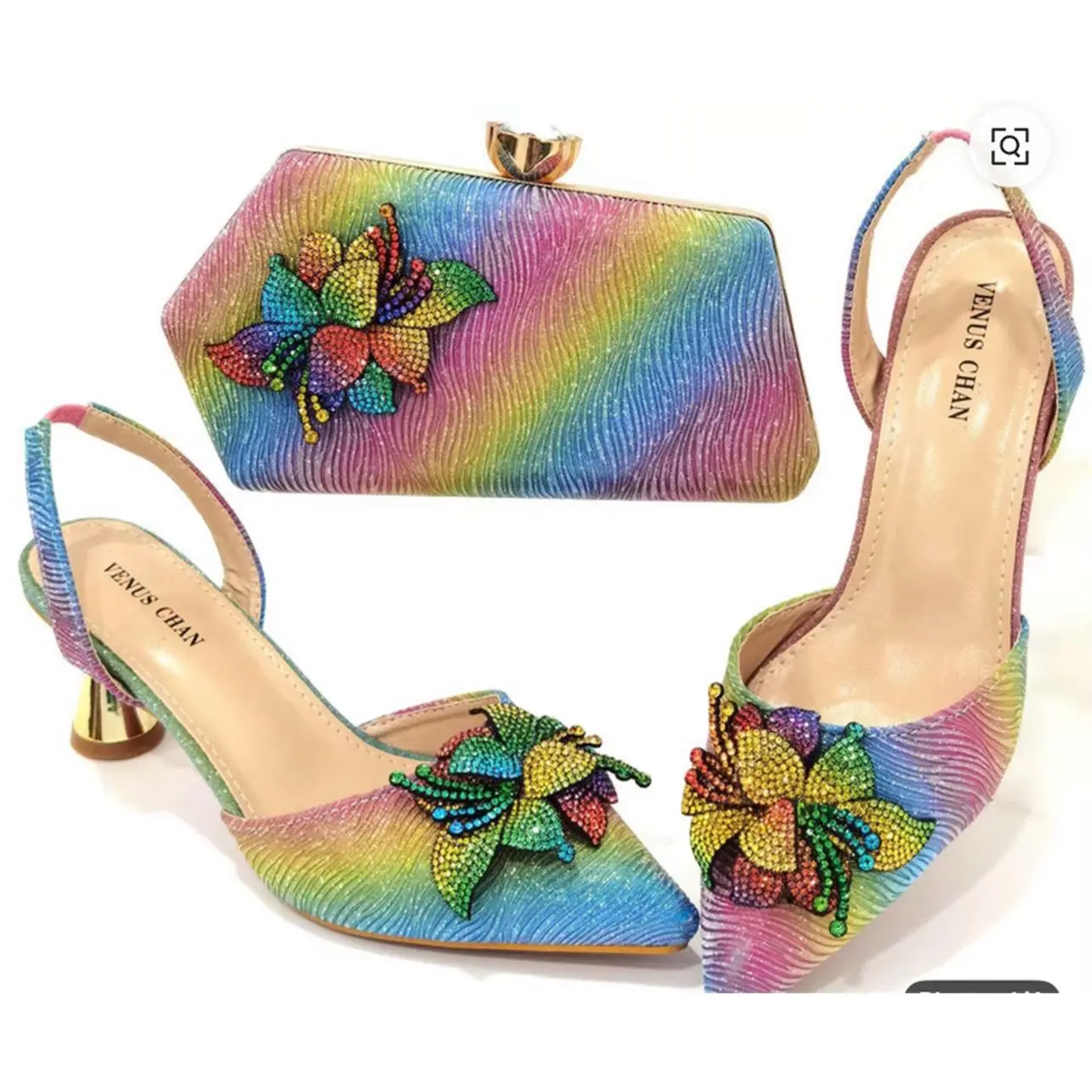 Rainbow Size 38 - Colorful Heels with Floral Embellishments and Matching Clutch