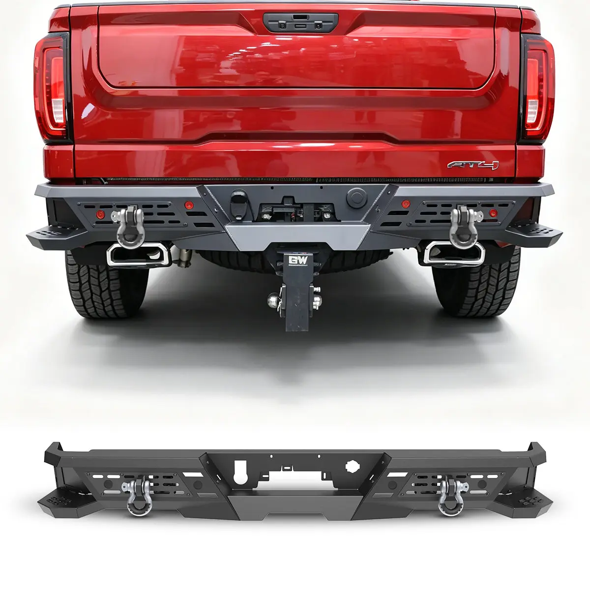 WOLFSTORM 1 Heavy Duty Steel Rear Bumper for 2019-2026 GMC Sierra 1500 & Chevrolet Silverado 1500, Off-Road Protection, Lighting Ready with Pod Light Compatibility, OEM Integration, Sensor Compatibility, Step Platforms, 2 D-Rings, 1 Mounting Hardware Set