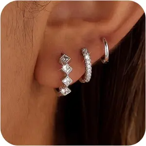 3 Pairs Gold/Silver Hoop Earrings for Women Trendy Dainty 14K Gold Plated Cubic Zirconia Stud Earrings Huggie Hoop Earrings Stack for Multiple Piercing Jewelry