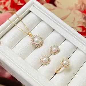 SR Pearl Co. Sunflower Shape Freshwater Pearl Jewelry Set 14K Gold Filled Women Gift