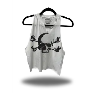 TheDriveClothing Busted Bones Road Rash White Crop Stringer Tank – Black Graphic Print, Y2K Streetwear Crop Top, Unisex Summer Fitness Gym Outfit, Casual Edgy Outfit, 100% Ring-Spun Cotton
