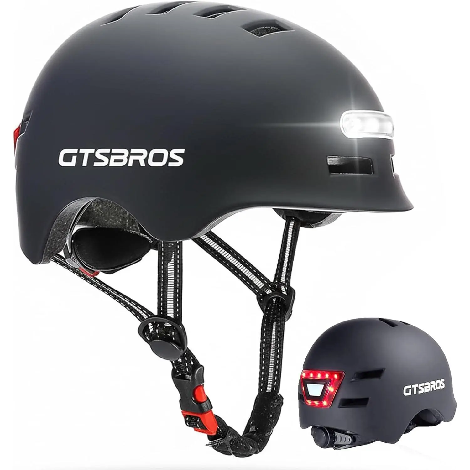 Unisex Adjustable Polycarbonate Bicycle Helmet for Night Riding & Commuting, 22.2-23.4in/56.5-59.5cm Fit, PC Shell, Front-Rear LEDs, USB Port, Shock-Absorption Detachable Pads, Safety Protection