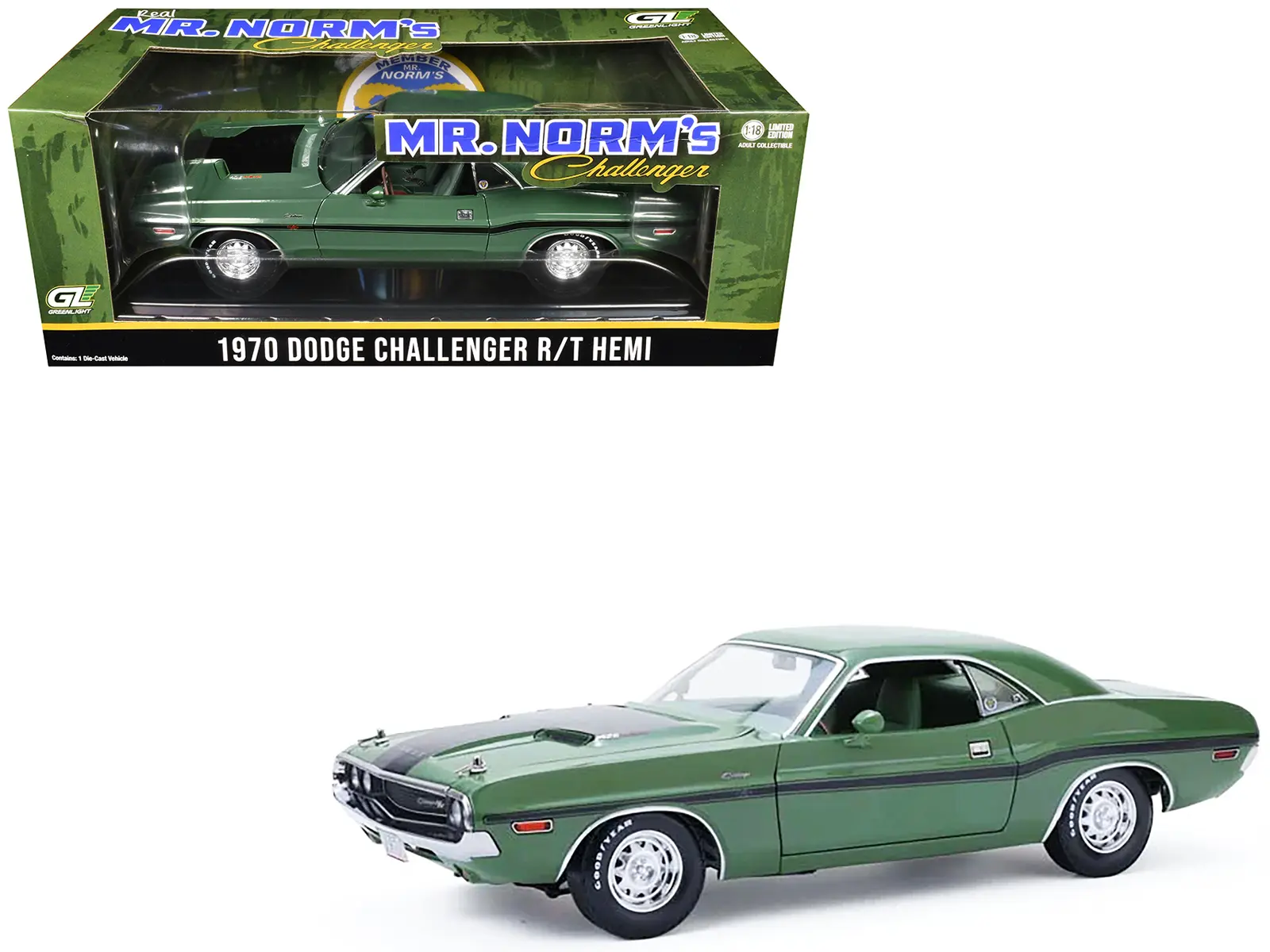 1970 Dodge Challenger R/T Hemi F8 Green with Black and Green Interior 1/18 Diecast Model Car by Greenlight