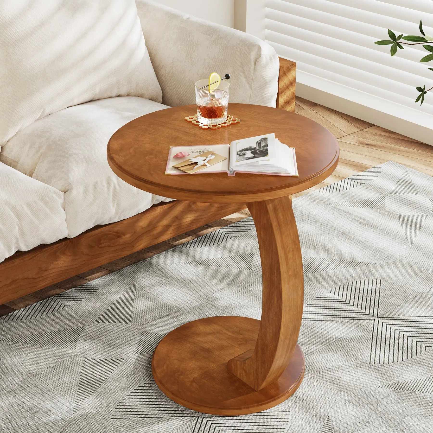 Spaco C-Shaped End Tables - Round Wooden Side Tables for Sofa/Couch, Mid-Century Modern Accent Tables with Boho Tray Top for Living Room