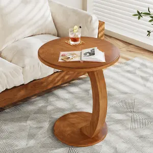 Spaco C-Shaped End Tables - Round Wooden Side Tables for Sofa/Couch, Mid-Century Modern Accent Tables with Boho Tray Top for Living Room