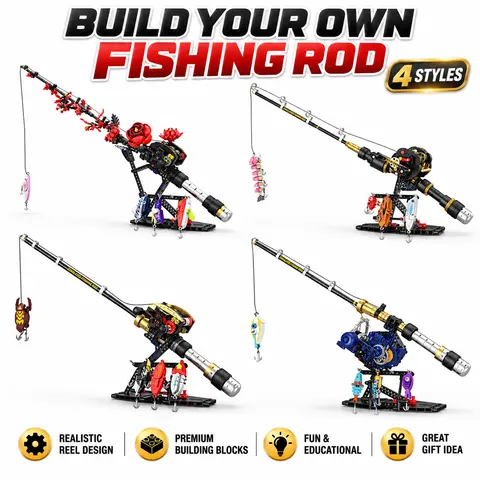 Unisex 425-Piece Baitcasting Fishing Rod Mechanical Building Kit, Creative Model Building Blocks DIY Collectible Model, Plastic Blocks Set with 4 Bait Pieces, Realistic Gear Mechanism, Metal-Look Grip, Display Base, STEM Kids Toys for Boys Ages 8+