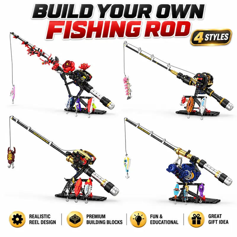 Unisex 425-Piece Baitcasting Fishing Rod Mechanical Building Kit, Creative Model Building Blocks DIY Collectible Model, Plastic Blocks Set with 4 Bait Pieces, Realistic Gear Mechanism, Metal-Look Grip, Display Base, STEM Kids Toys for Boys Ages 8+