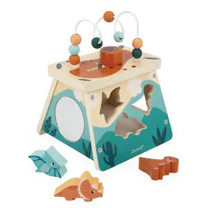 Janod DINO - MULTI-ACTIVITY VOLCANO with Shape Box, Dinosaur Figures, Gears, Mirror and Maze