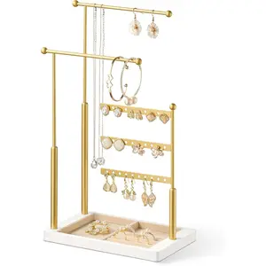 Jewelry Organizer Holder Stand: 3 Tier Jewelry Storage Display for Necklace, Bracelet, Earring, Ring, White & Gold