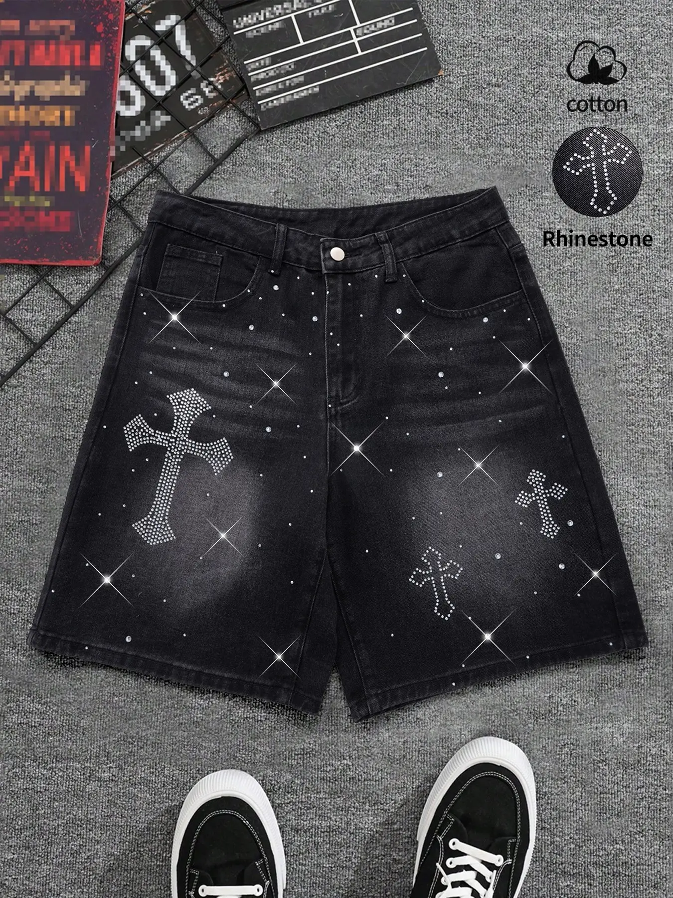 Men's Summer Rhinestone Natural Jean Bermuda Cargo Relaxed Shorts, Loose Fit, Multi-Pocket, Button Fly, Knee-Length, Casual Streetwear, Y2K Style