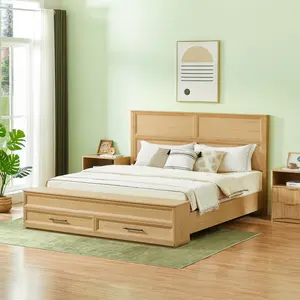 Queen Size / King Size Bed with 3D Geometric Headboard  Storage Bench - 4-Drawer Storage, Modern Bedroom Furniture