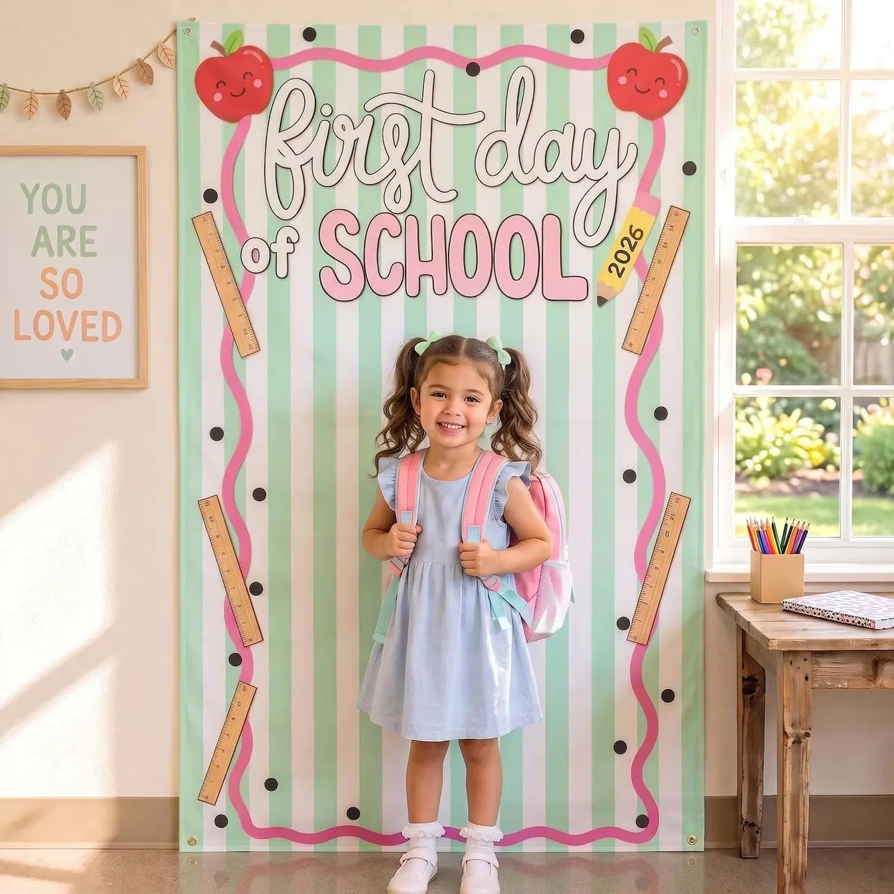 First Day of School Photo Tapestry Banner, Pastel Back to School Backdrop, Custom Pre K Kindergarten Sign