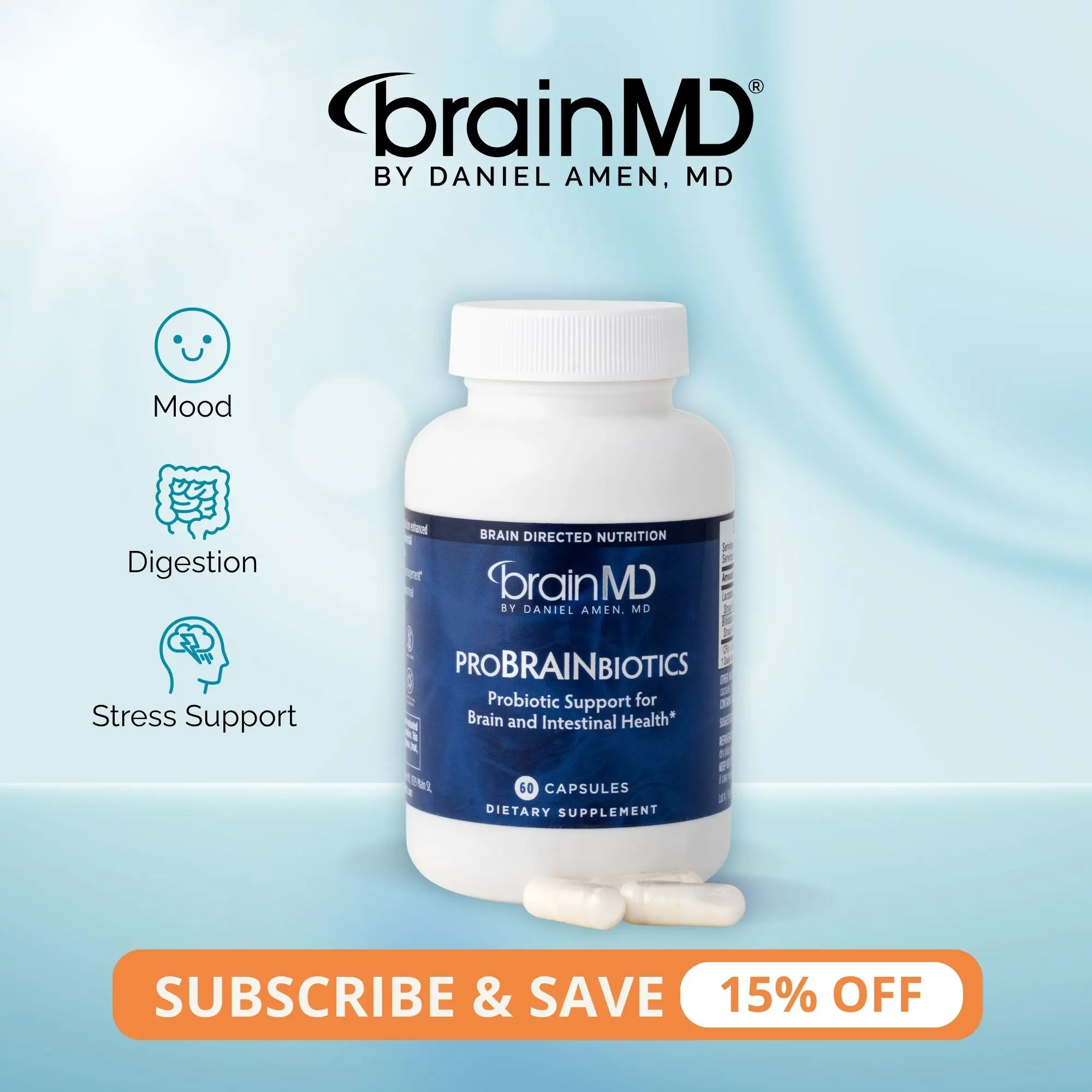 ProBrainBiotics | BrainMD | 60 Capsules | Digestive & Gut Health Support | Mood & Stress Resilience | 2-Strain Probiotic Blend