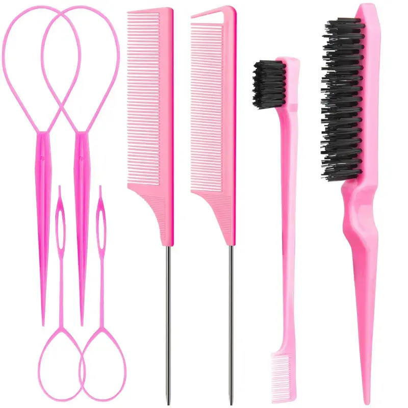 8Pcs Hair Styling Combs Set Include 4Pcs Topsy Hair Tail Tools 2 Styles of Rat Tail Comb,1Pcs Bristle Teasing Slick Back hair Brush,1Pcs Edge Control Brush,Eyebrow Brush for Woman Girl Pink