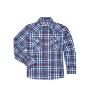 Boy's Ely Cattleman Long Sleeve Heritage Plaid Western Snap Shirt- Blue & White
