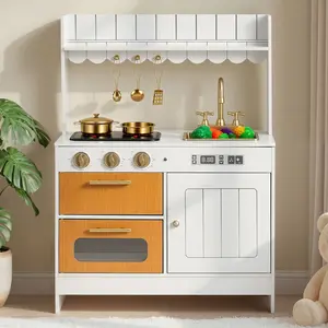 VEVOR Play Kitchen for Kids, Wooden, Kids Kitchen Playset with Real Lights & Sounds, Food & Cookware Accessories, Pretend Play Toy Set, Sink, Oven, Stove, Cabinet, for Toddlers, Girls & Boys Ages 3-8