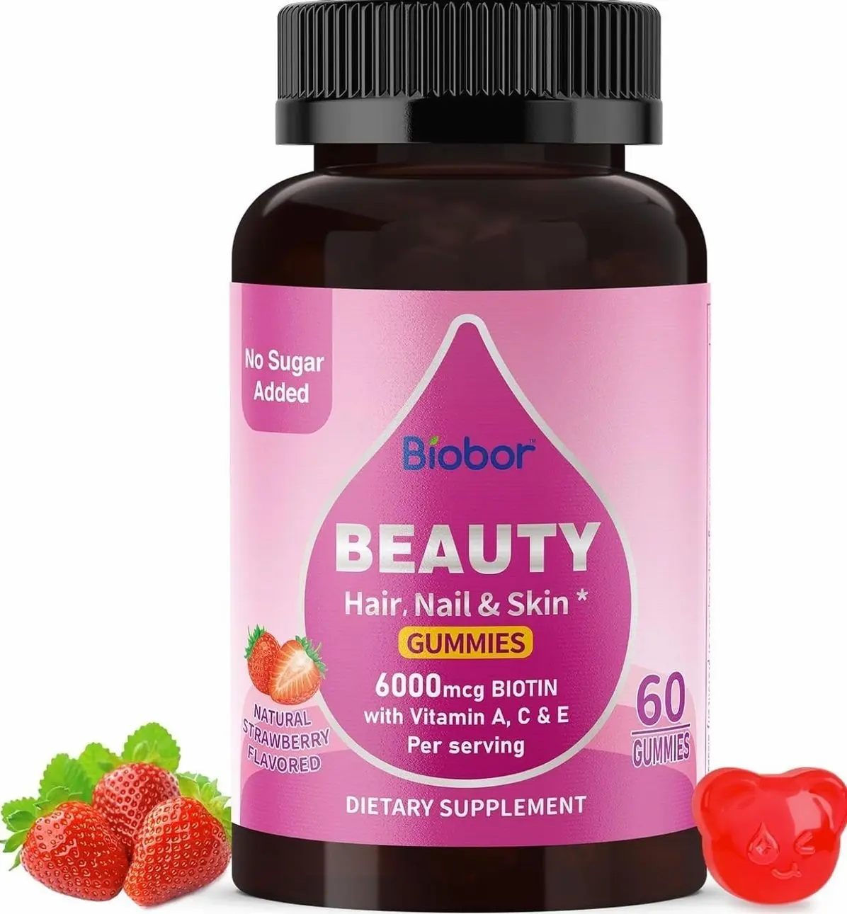 Beauty Gummies No Sugar Added, Hair Skin and Nails with Vitamins A C E, Natural 6000mcg Biotin Gummies for Women Men, GMO Free, Gluten Free