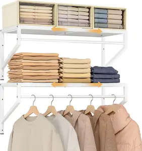 Expandable Wall Mounted Expandable Closet Shelves, 2 Pack Closet Shelving with Hanging Rods, Wall Shelving for Walk-in Closet, Hanging Shelves Organizer and Storage for Closet, Laundry